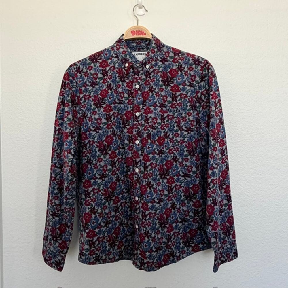 Express Slim Soft Wash Button-Down Shirt Men's Large Floral 100% Cotton